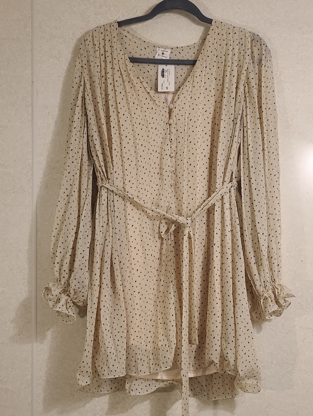 By Together Light Beige Polka Dot Long-Sleeve Tie-Waist Dress